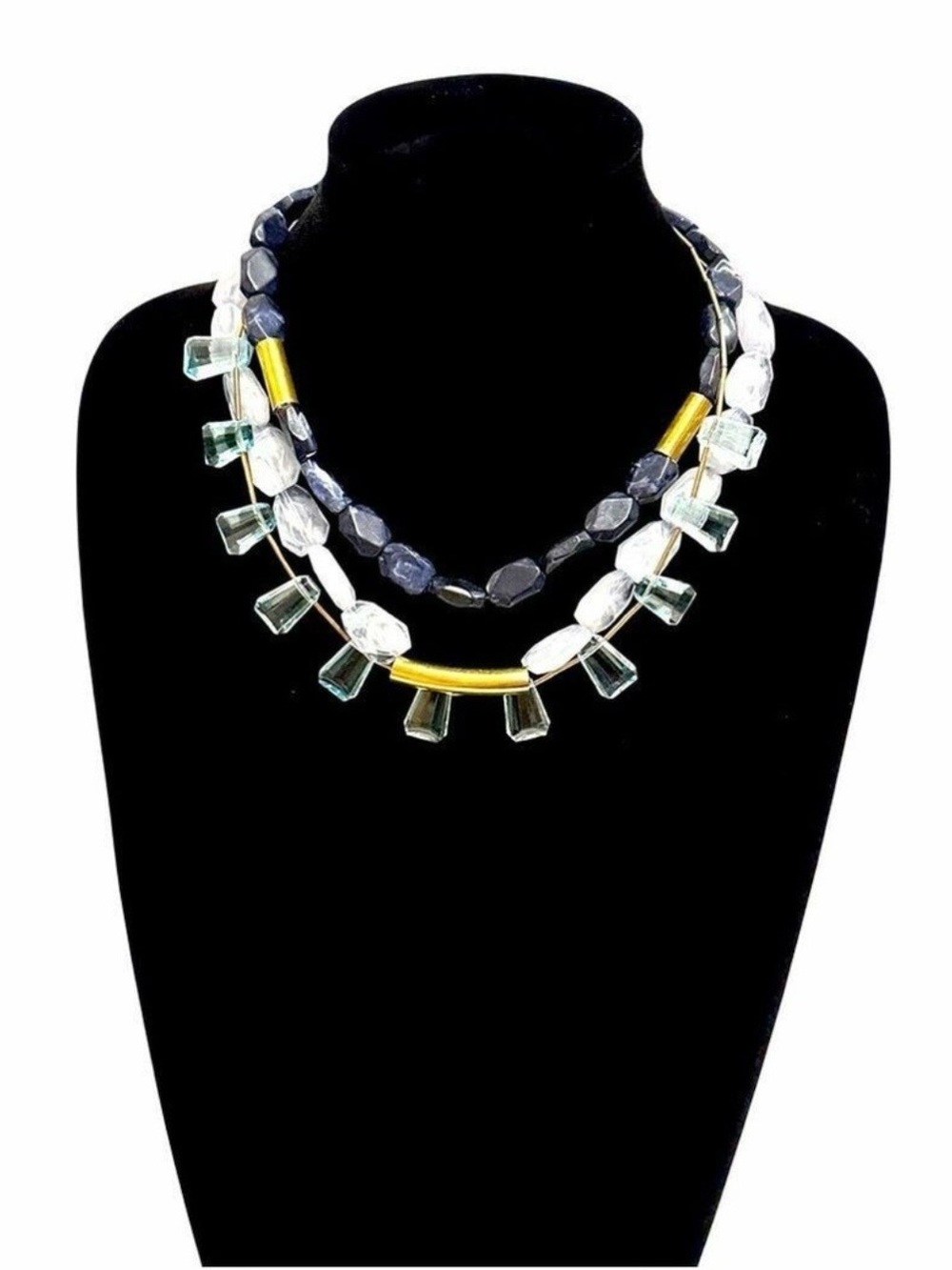 LOFT Layered Contemporary Blue & Gold Bib Necklace NWT